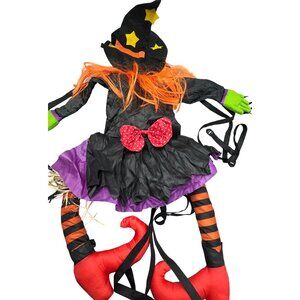 Halloween Witch Hanging Decoration With Orange Hair & Striped Legs Humorous READ